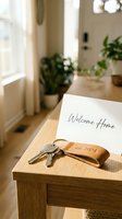 House keys with leather keychain and Welcome Home card on wooden table, warm sunlit interior, real estate and new home concept.