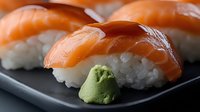 Fresh salmon nigiri sushi pieces with wasabi on black plate, close up view showing tender raw fish texture on white rice, traditional Japanese cuisine.