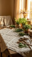 Fresh herbs and spices arranged on rustic linen tablecloth near sunny window. Natural cooking ingredients in clay pots for culinary preparation and kitchen decor.