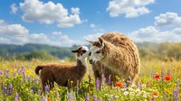 Llama mother and baby grazing in wildflower meadow with mountains and blue sky, suitable for nature, family, and agricultural themes.