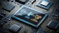 Microchip with illuminated security icons including shield, lock, and gear symbols on circuit board background representing cybersecurity and data protection technology.
