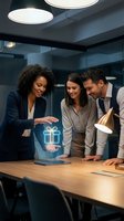 Diverse business professionals examining holographic gift icon on digital tablet in modern office conference room with contemporary lighting and wooden table.
