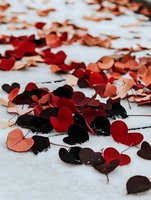 Red and black paper hearts scattered on white snow surface create romantic Valentine's Day mood with dramatic contrast and depth of field.