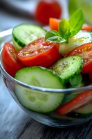 Fresh garden salad with sliced cucumbers, cherry tomatoes and basil leaves in glass bowl, seasoned with pepper, close up view for healthy eating concept.