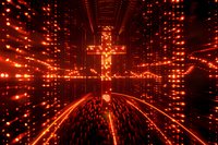 Glowing digital cross in red matrix tunnel with light particles and rays creating futuristic spiritual atmosphere. Abstract technology concept for faith in digital age.