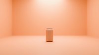 Blank aluminum soda can in a minimalist peach-toned room, soft lighting, mockup template for branding and packaging design.