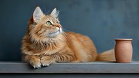 Majestic ginger Maine Coon cat with long fur lying near clay pot against dark background, side view portrait showing distinctive features and fluffy coat.