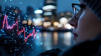 Young Asian businesswoman analyzing financial market data on futuristic digital display with glowing charts and city lights in background at night.