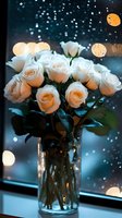 Delicate white roses in glass vase against rainy window with bokeh lights creating romantic atmosphere. Soft peach tones and moody blue background enhance dreamy feel.