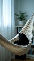 Black cat relaxing in cream-colored hammock near window with natural light, potted fern plant and bookshelf in background, cozy home interior design and pet lifestyle.