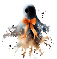Spooky ghost figure with orange bow tie in watercolor style against white background, with black ink splatter effects and sepia tones. Suitable for Halloween designs.