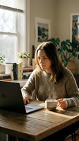 Young woman working from home on laptop with coffee cup at wooden desk near window with plants in cozy living room interior for remote work lifestyle.