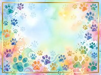 Colorful watercolor paw prints in rainbow hues scattered across soft pastel background with gradient border, perfect for pet-related designs and animal-themed projects.