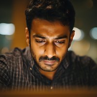 Young Indian businessman working late at night in office, concentrated on laptop screen with warm lighting and blurred background for corporate projects.
