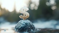 Metallic dollar sign symbol balanced on wet stone in nature with soft bokeh background, representing wealth, financial stability and growth in outdoor setting.