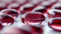 Red translucent gel capsules or supplements arranged in rows on white surface with selective focus and shallow depth of field creating medical background.