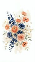 Watercolor floral arrangement with coral roses, navy blue flowers and delicate foliage on light background for wedding invitations and romantic designs.
