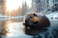 Beaver swimming in frozen winter river with snow-covered forest and golden sunlight creating peaceful wildlife scene in natural habitat.