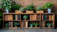 Rustic wooden bookshelf with vintage books and potted plants against brick wall, creating cozy home library atmosphere with greenery accents.