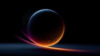 Glowing planet with colorful light trails in deep space, cosmic sphere with orange and purple energy waves against starry black background for sci-fi designs.