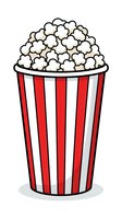 Classic red and white striped popcorn bucket overflowing with fluffy kernels isolated on white background for cinema and entertainment designs.