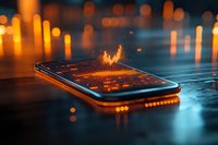Glowing orange audio wave visualization on smartphone screen with bokeh light effects and reflective surface, modern technology concept for music apps.