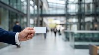 Male professional in dark business suit holding blank white business card in modern glass office building lobby with blurred colleagues and contemporary architecture in background.