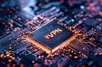Microchip with VPN text on circuit board background with orange bokeh lights and digital connections, representing network security and data protection.