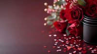 Red roses in black vase with scattered heart confetti on burgundy background for Valentine's Day romantic celebration and love themed designs.
