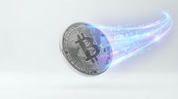 Bitcoin cryptocurrency coin with dynamic blue light trails showing digital speed and blockchain technology movement on white background.