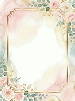 Elegant floral frame with pink and cream roses, eucalyptus leaves, and gold decorative border on watercolor background. Isolated design ready for invitations, cards, and wedding stationery projects.