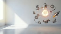 Lightbulb with business icons floating around including dollar sign, handshake, gears and charts in modern minimalist room with natural sunlight.