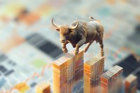 Bronze bull figurine balancing on gold bar stacks against blurred financial chart background, symbolizing bullish market trends and investment growth.