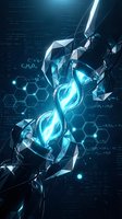 Futuristic DNA double helix with geometric crystal structure and glowing blue light effects surrounded by scientific formulas and hexagonal molecular patterns.