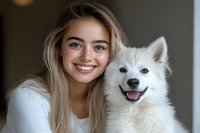 Young blonde woman smiling with fluffy white Pomeranian dog indoors. Happy pet owner bonding with adorable puppy companion at home.