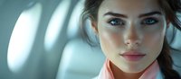 Young woman with striking blue eyes and natural makeup in soft window light wearing pink blouse, close up portrait with dreamy atmospheric mood.