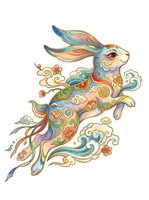 Ornate decorative rabbit with flowing patterns, isolated on transparent background. Features intricate swirls, gold accents, and vibrant colors. Ready for t-shirt design, clipart, stickers, sublimation, and print-on-demand products.