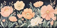 Delicate pink and cream poppies with sage green foliage on dark background create romantic floral composition. Seamless pattern for fabric and wallpaper design.