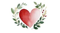 Watercolor red heart surrounded by green eucalyptus leaves and botanical elements on white background, perfect for Valentine's Day cards or wedding invitations.