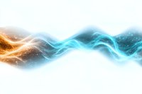 Abstract glowing orange and blue energy waves with light particles flowing on white background, dynamic motion effect for modern tech designs.