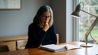 Mature businesswoman with gray hair and glasses working at wooden desk with documents in modern office interior with natural lighting.