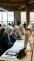 Diverse group of mature professionals working at wooden desks in modern loft office with large windows, using computers and tablets for collaborative business tasks and digital workflow.