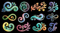 Colorful decorative swirl elements set isolated on transparent background, ready for stickers, t-shirt design, sublimation, clipart, and print on demand use.