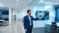 Professional businessman interacting with holographic FAQ interface in modern office environment showcasing digital customer service technology.