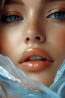 Young woman with fair skin, blue eyes, and freckles, wearing glossy lip gloss and wrapped in translucent blue fabric. Close-up beauty and cosmetics portrait for makeup and skincare marketing.