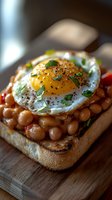 Sunny side up egg on toasted bread with baked beans, fresh herbs and black sesame seeds, served on wooden board. Close up with selective focus.
