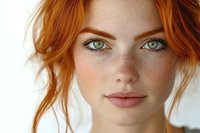 Close up portrait of young woman with natural freckles, bright green eyes and ginger hair against light background, soft natural makeup and gentle expression.