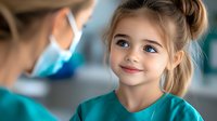 Young girl with bright blue eyes and gentle smile at medical appointment, wearing teal colored outfit, looking at healthcare provider in protective mask. Medical care concept.