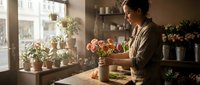 Young woman florist arranging fresh pink roses in glass vase at flower shop counter with natural window light creating warm atmosphere for small business.