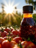 Fresh tomato juice bottle with ripe red tomatoes in sunlit garden setting for healthy organic beverage and farm-to-table nutrition concepts.